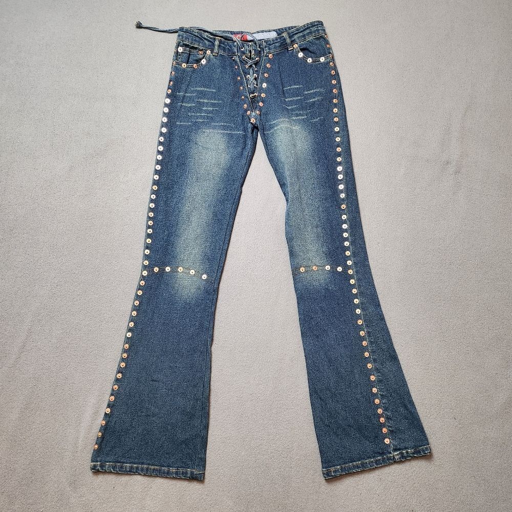 Y2K Vintage Boho Indie Low rise Flare Denim lace up corset front sz 9